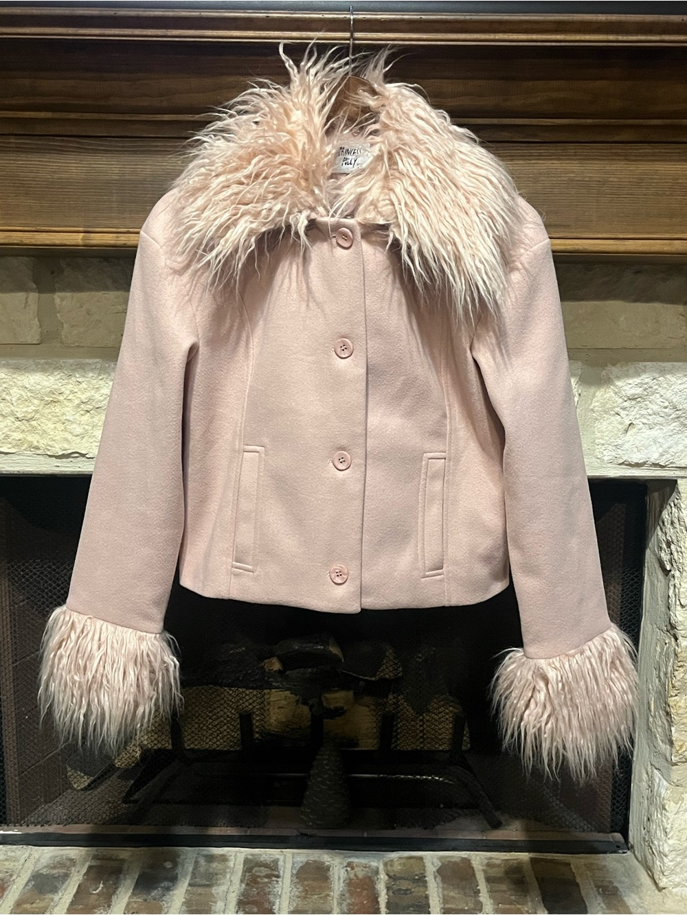 Princess Polly Blush Pink Faux Fur Trim Cropped Penny Lane Jacket Y2K S/M